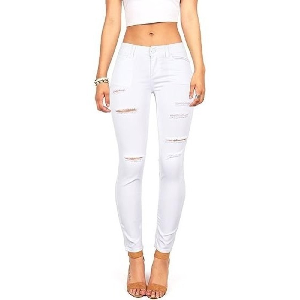 Wax Women's Juniors Mid-Rise Skinny Jegging Jeans w Distressing (14, White)